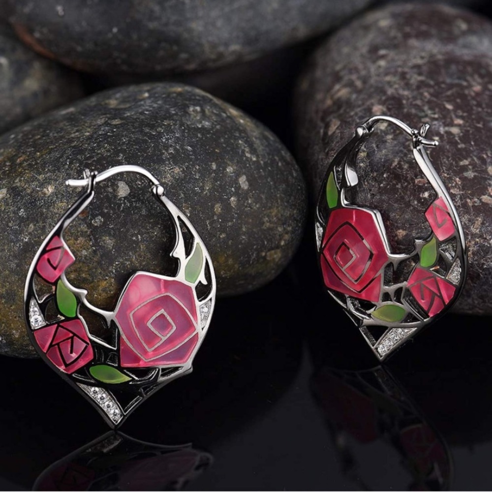 Beauty and the Beast Stained Glass Roses Earrings - Picture 3 of 6